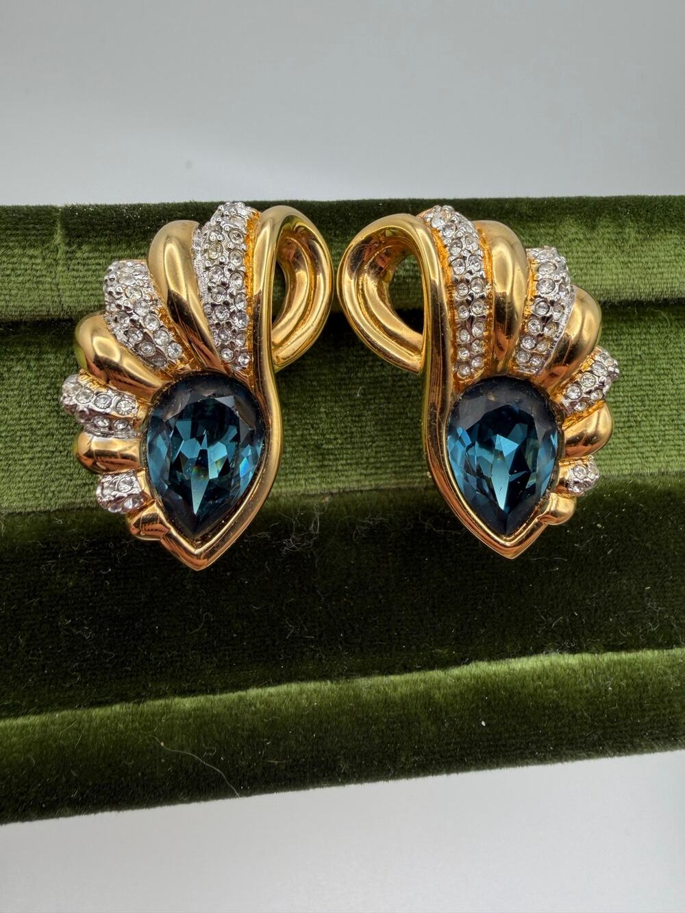 Swarovski Swan Signed Rhinestone Faux Sapphire Earrings clip on